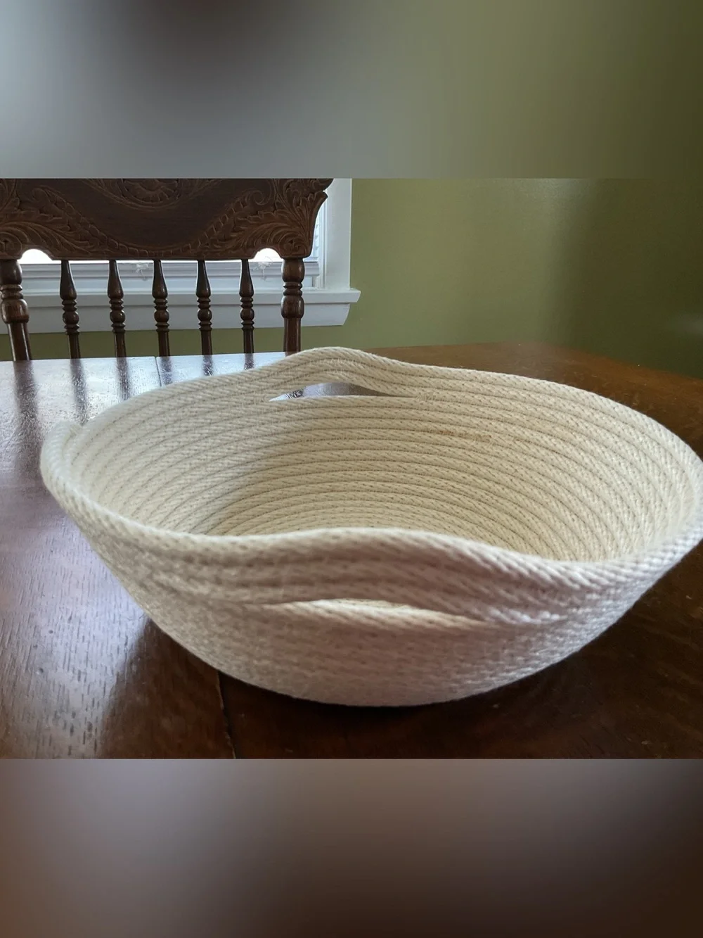 Handmade Heavy-Duty Beige Cotton Rope Bowl with Handles & Spiral Accent
